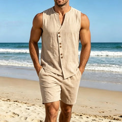Men's Linen Sleeveless Shorts Set