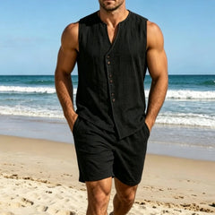 Men's Linen Sleeveless Shorts Set