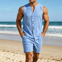 Men's Linen Sleeveless Shorts Set