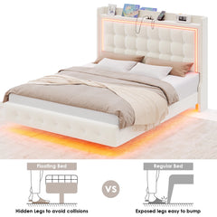 Full Size Floating Bed with RGB LED Lights Charging Station, Velvet Upholstered Platform Bed with Storage Headboard, Off-White