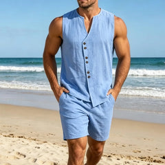 Men's Linen Sleeveless Shorts Set