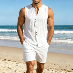 Men's Linen Sleeveless Shorts Set
